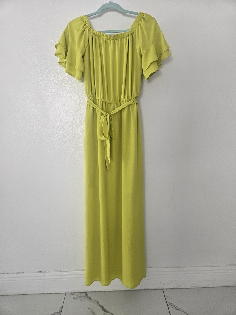 New York & Company Lime Green Ruffle Sleeve Maxi Dress Size Xs